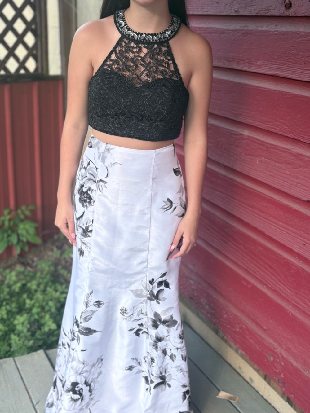 Black Beaded Lace Halter Crop Top with White Floral Skirt